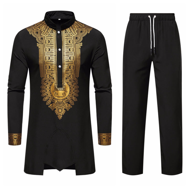 Herren Traditionelles Tunika-Set mit Stehkragen und goldfarbenem Ornamentdruck, Longshirt & Tunnelzughose Echo Archiv