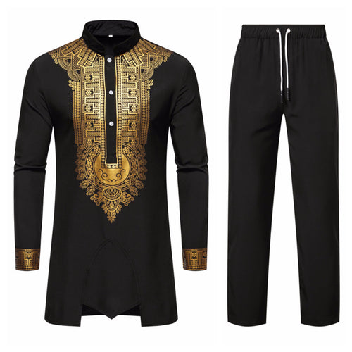 Herren Traditionelles Tunika-Set mit Stehkragen und goldfarbenem Ornamentdruck, Longshirt & Tunnelzughose Echo Archiv