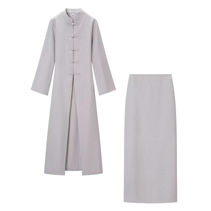 Damen nan Mandarin-Mantel und gerader Midirock Zweiteiler-Set Echo Archiv