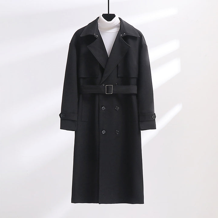 Herren Langer Doppelreihiger Trenchcoat mit Taillengürtel und Oversize‑Schalkragen Echoarchiv
