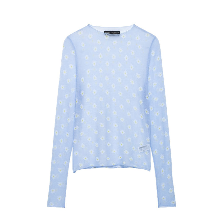 Damen Feines transparentes Mesh-Longsleeve mit Allover-Gänseblümchenprint und Rundhalsausschnitt Echoarchiv