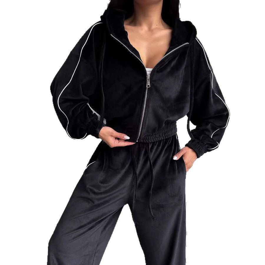 Damen Samt-Lounge-Set mit verkürzter Zip-Hoodie und weitem High-Waist Jogger – Auréline