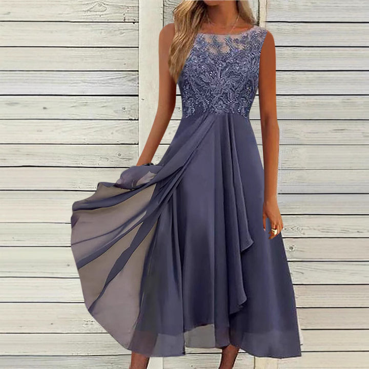 Damen nan ärmelloses Chiffon-Midikleid mit bestickter Illusionsspitze, Schiff-Ausschnitt und mehrlagigem Schwingrock Echo Archiv