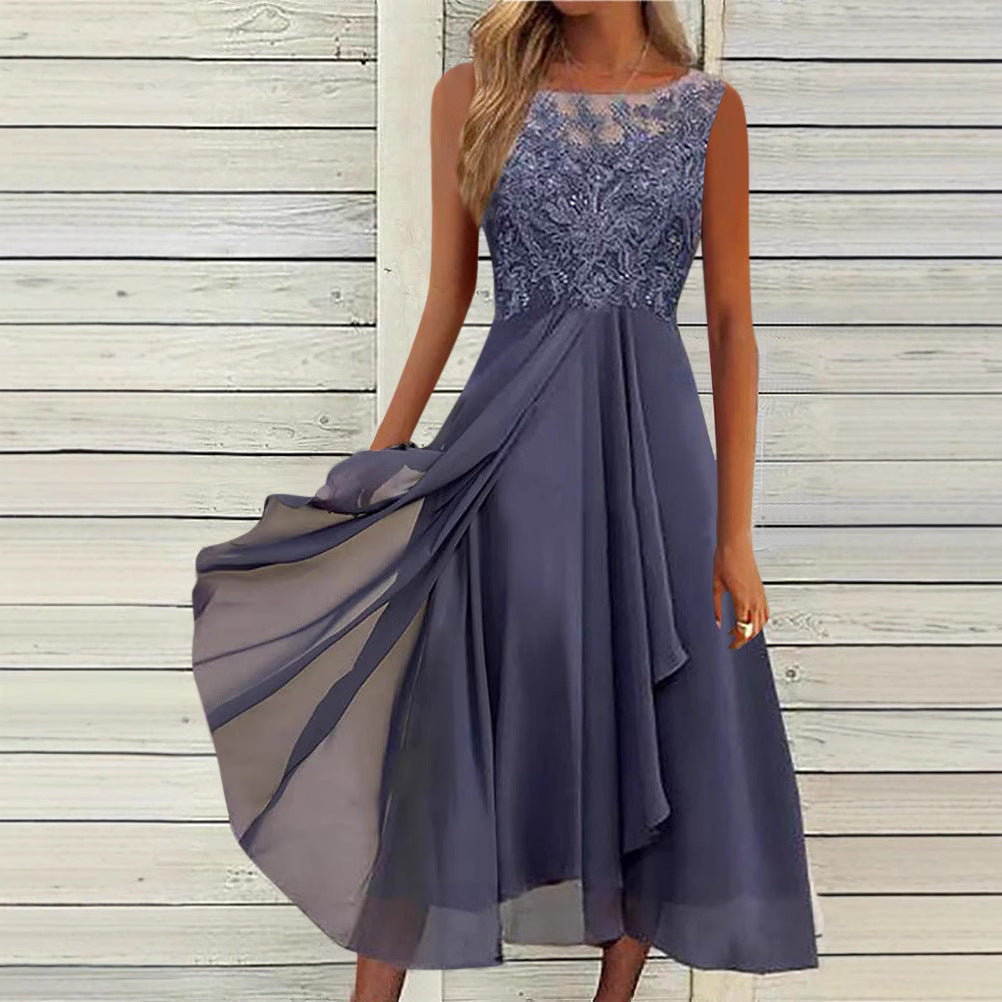 Damen nan ärmelloses Chiffon-Midikleid mit bestickter Illusionsspitze, Schiff-Ausschnitt und mehrlagigem Schwingrock Echoarchiv
