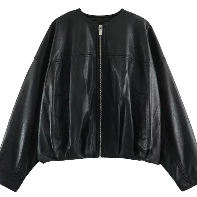 Damen Weit geschnittene Cropped-Bomberjacke aus Kunstleder mit Rundhalsausschnitt Echo Archiv