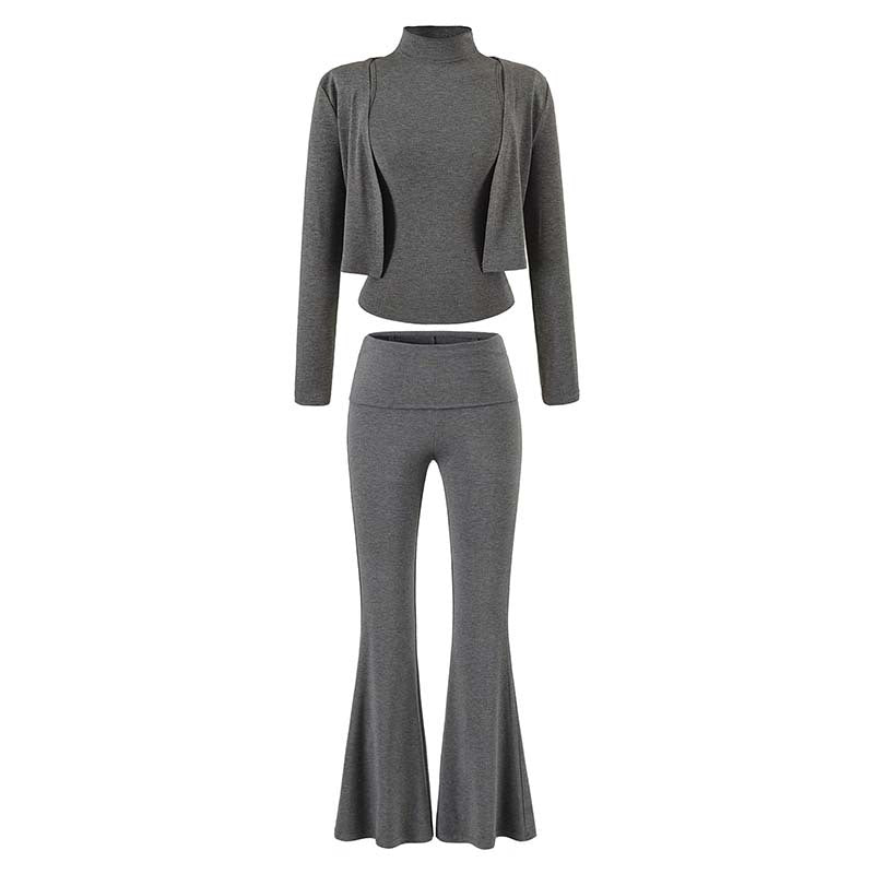 Damen Loungewear-Set mit Bolero, Rollkragen-Croptop und ausgestellter Schlaghose Echoarchiv