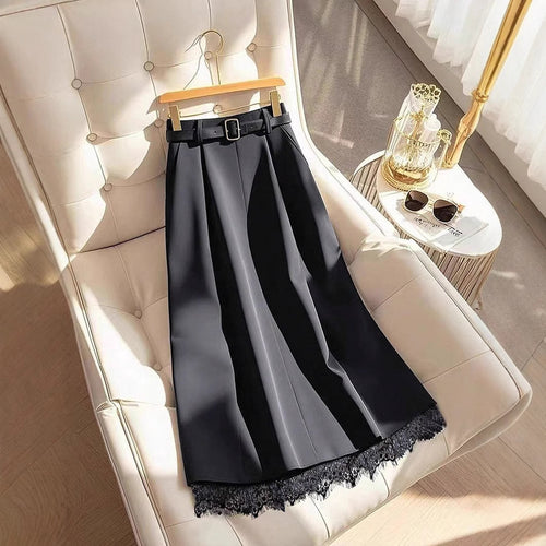 Damen Midirock mit Plisseefalten, hoher Taille, Taillengürtel und Spitzenbesatz – Avérine