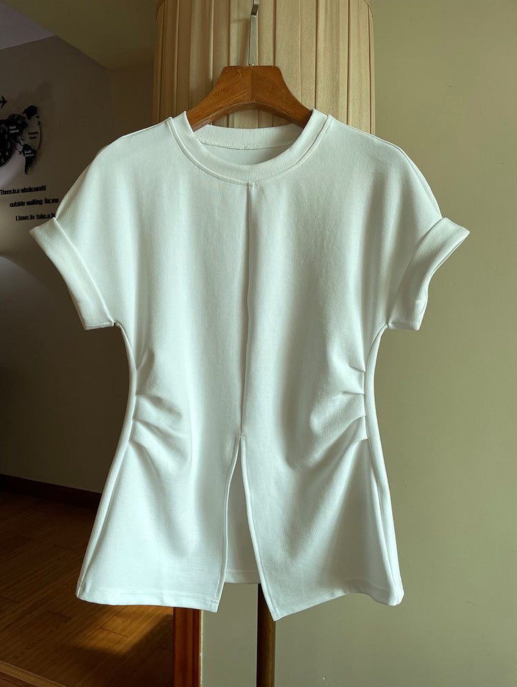 Damen Kurzärmeliges Strukturjersey-Shirt mit Taillenraffungen und Frontschlitz Echo Archiv