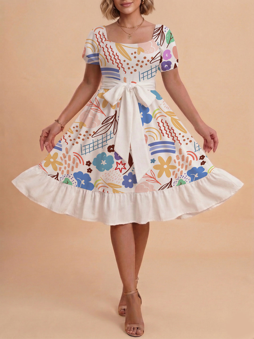 Damen Midi Kleid mit elegantem Blumendruck und tailliertem Gürtel Echo Archiv