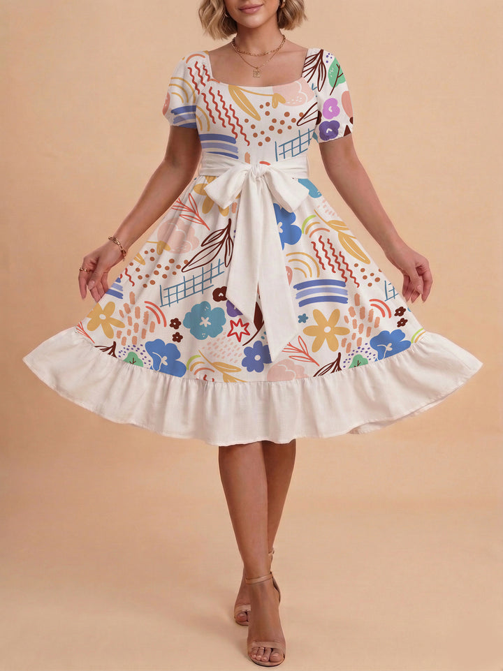 Damen Midi Kleid mit elegantem Blumendruck und tailliertem Gürtel Echo Archiv