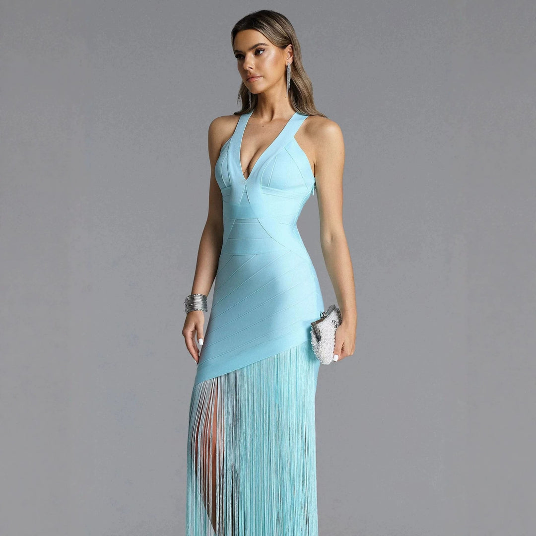 Damen Elegantes Minikleid mit raffinierten Fransen und tiefem V-Ausschnitt Echo Archiv