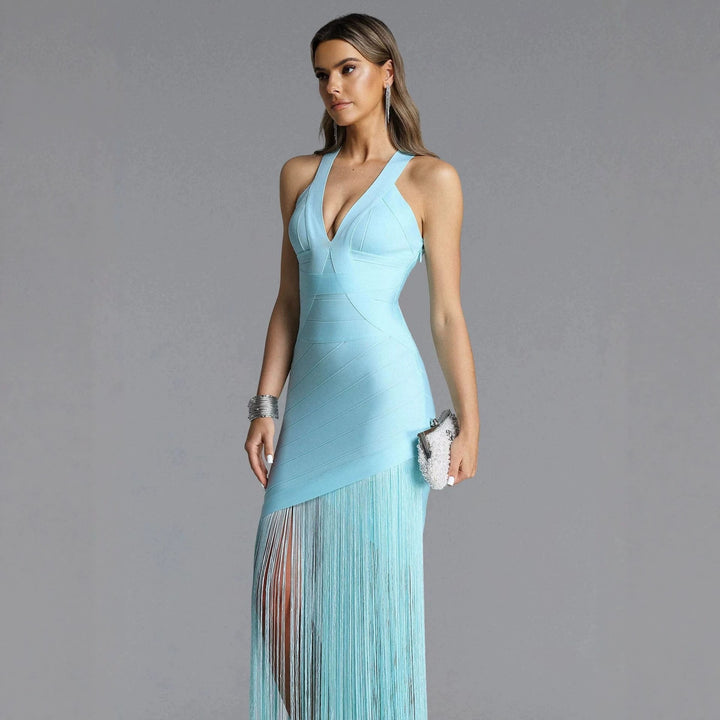 Damen Elegantes Minikleid mit raffinierten Fransen und tiefem V-Ausschnitt Echo Archiv