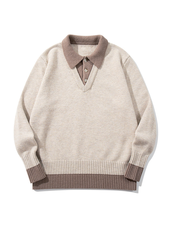 Herren Polokragen-Strickpullover mit Knopfleiste und kontrastierten Bündchen Echoarchiv