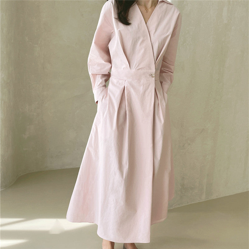 Damen Wickel-Hemdkleid mit tailliertem Bund, Kellerfalten und Eingrifftaschen – Valéora