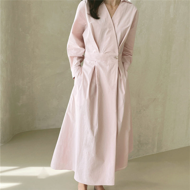 Damen Wickel-Hemdkleid mit tailliertem Bund, Kellerfalten und Eingrifftaschen – Valéora