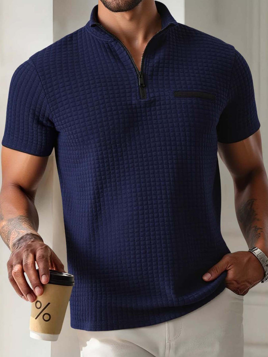 Herren modisches Kurzarm-Poloshirt mit Reißverschluss und strukturiertem Design Echoarchiv