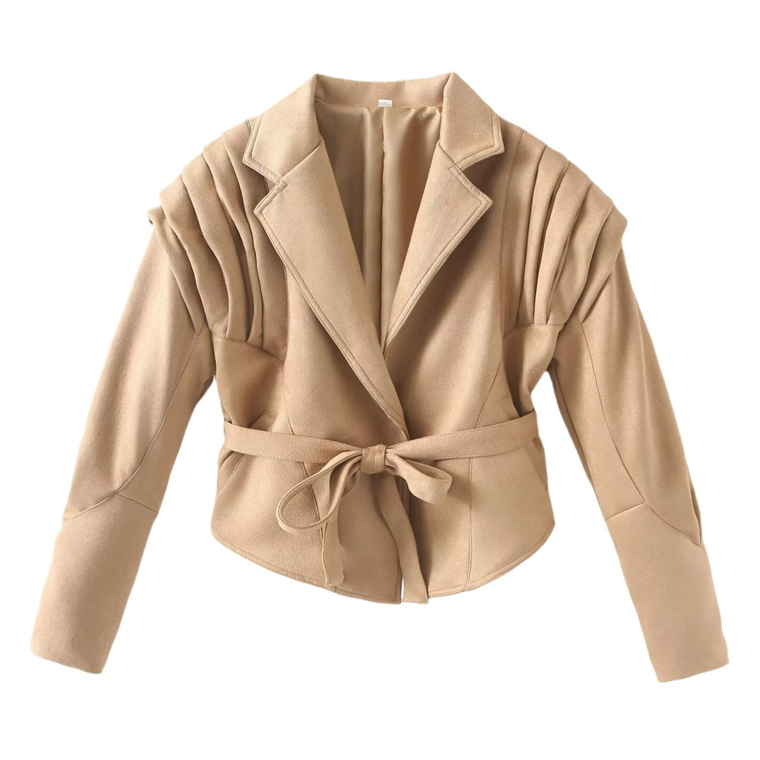 Damen Taillierte Wickeljacke aus Wildlederoptik mit Schulterplissee und Bindegürtel Echo Archiv