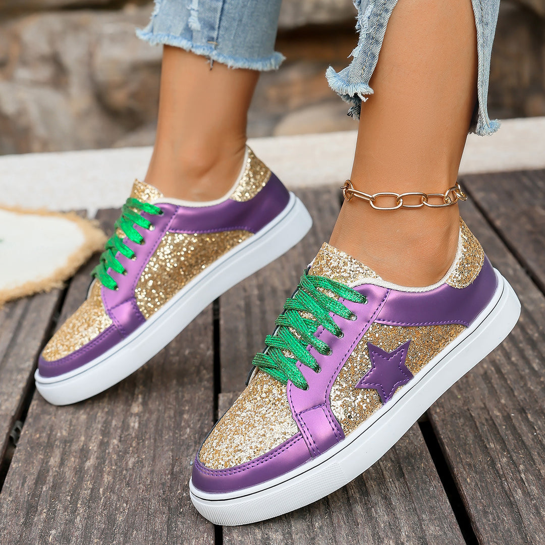 Damen modische Plateausneaker mit Glitzerpanelen, Sternapplikation und gepolsterter Komfortsohle Echo Archiv