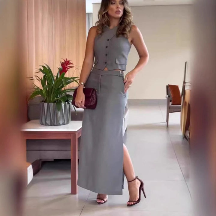 Damen nan elegantes Leinenmix-Zweiteiler-Set mit tailliertem Haltertop, Knopfdetail und hochgeschnittenem Maxirock Echo Archiv