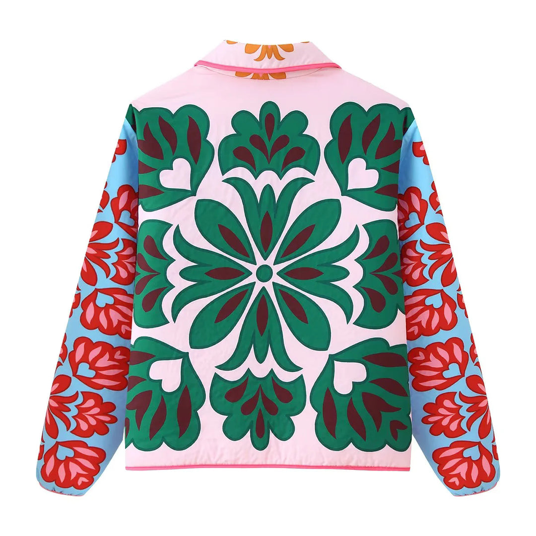 Damen nan gesteppte Blumen-Steppjacke mit kontrastärmeln, aufgesetzten Taschen und Stehkragen Echo Archiv