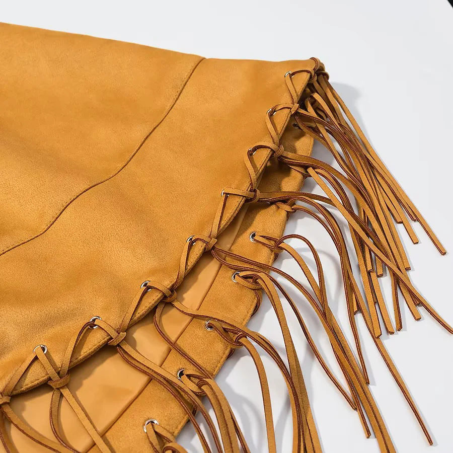 Damen nan Veloursoptik Cape mit Hemdkragen, Ziernaht und langen Fransen Echo Archiv