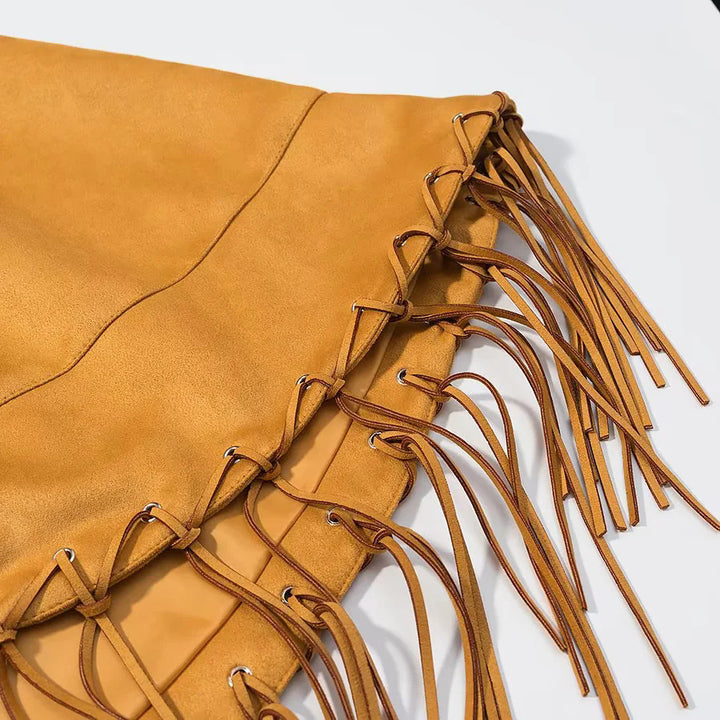 Damen nan Veloursoptik Cape mit Hemdkragen, Ziernaht und langen Fransen Echo Archiv