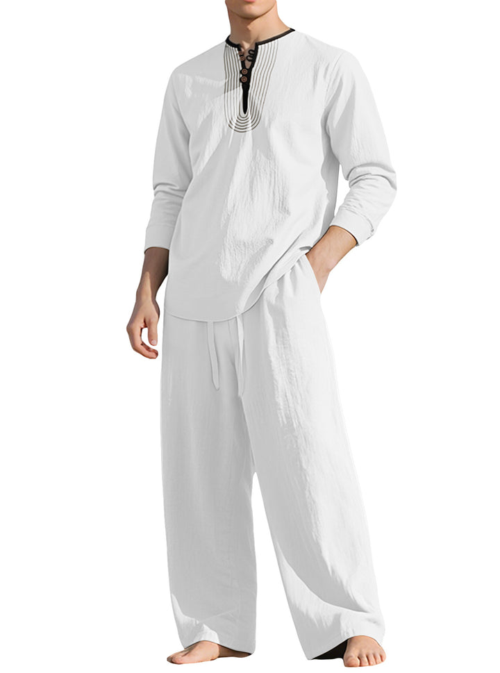 Herren nan Tunika- und Palazzohose-Set mit Henley-Blende, Zierstickerei und weitem Schnitt Echo Archiv