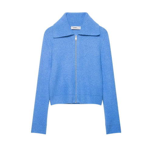 Damen Kurze Strickjacke mit Reißverschluss, weitem Polokragen und geripptem Saum Echoarchiv