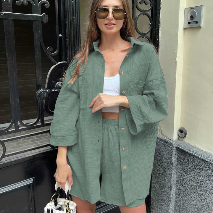 Damen nan lässiges Musselin-Zweiteiler Set mit Oversize-Hemd und elastischer Highwaist-Shorts Echo Archiv