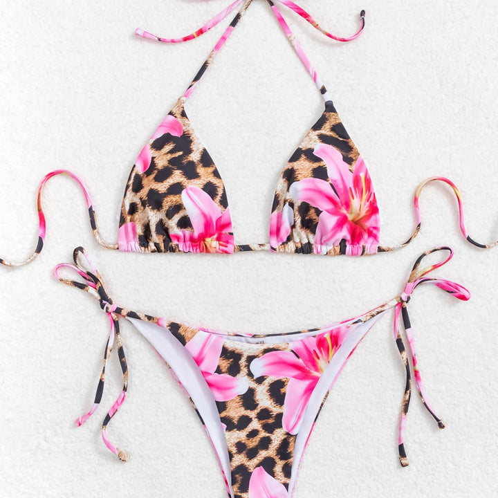 Damen Triangel-Bikini mit floralem Leopardenmuster und verstellbaren Bindebändern Echo Archiv
