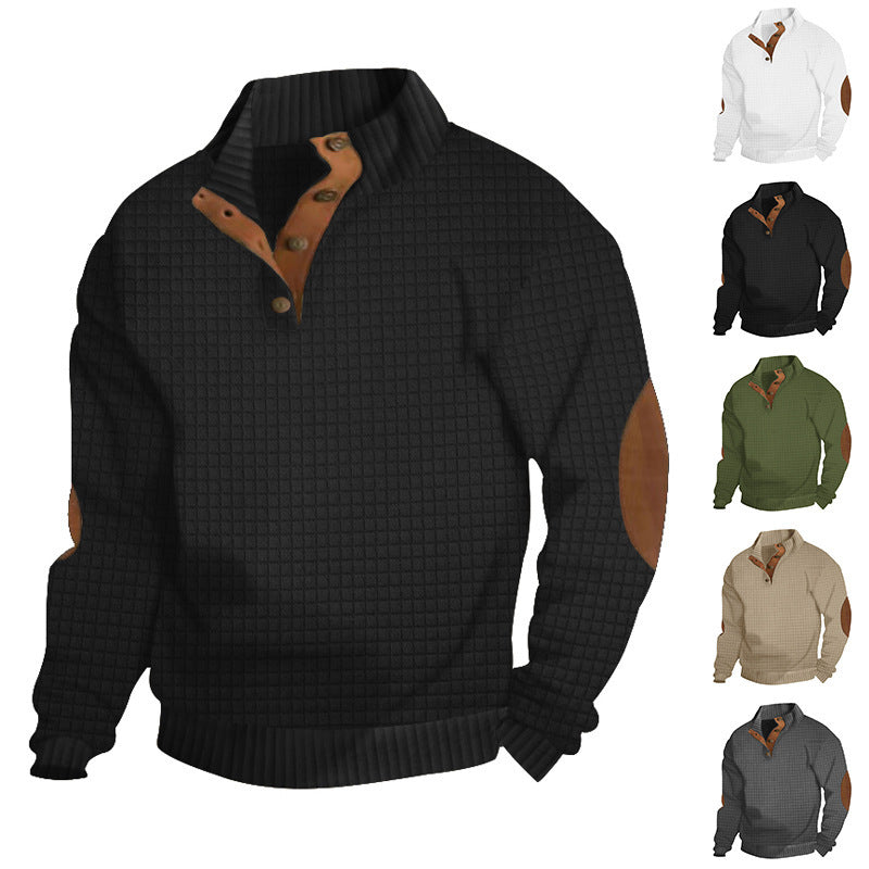Herren Strukturierter Pullover mit Halbknopf-Leiste und Ellbogenpatches Echoarchiv