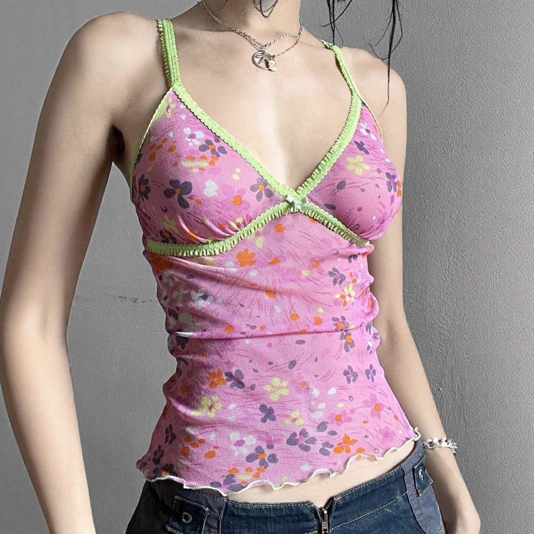Damen Blumen Spaghetti Trägertop mit feinen Rüschendetails Echo Archiv