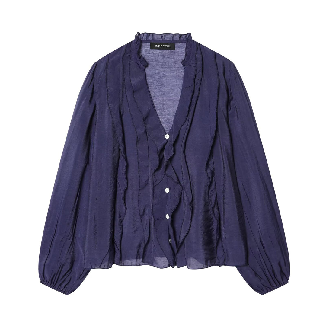 Damen Leichte Chiffon-Bluse mit Volantknopfleiste und Ballonärmeln Echo Archiv