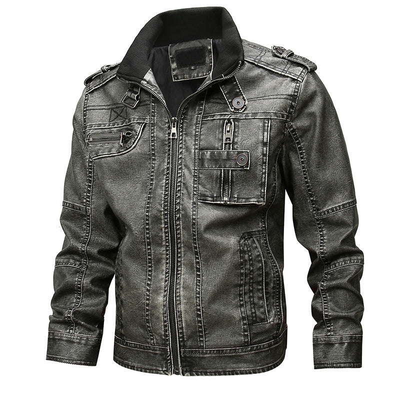 Herren Lässige Kunstleder-Bikerjacke mit Stehkragen, Reißverschluss-Front und Utility-Taschen Echoarchiv