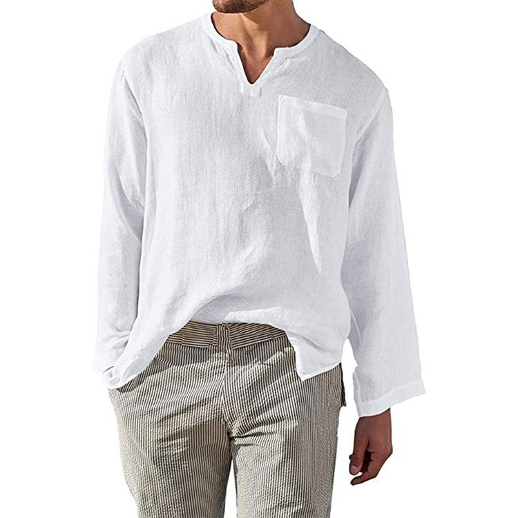 Herren Leinen Langarmshirt mit Henley-Ausschnitt und Brusttasche Echoarchiv