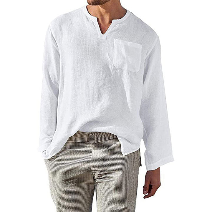 Herren Leinen Langarmshirt mit Henley-Ausschnitt und Brusttasche Echoarchiv