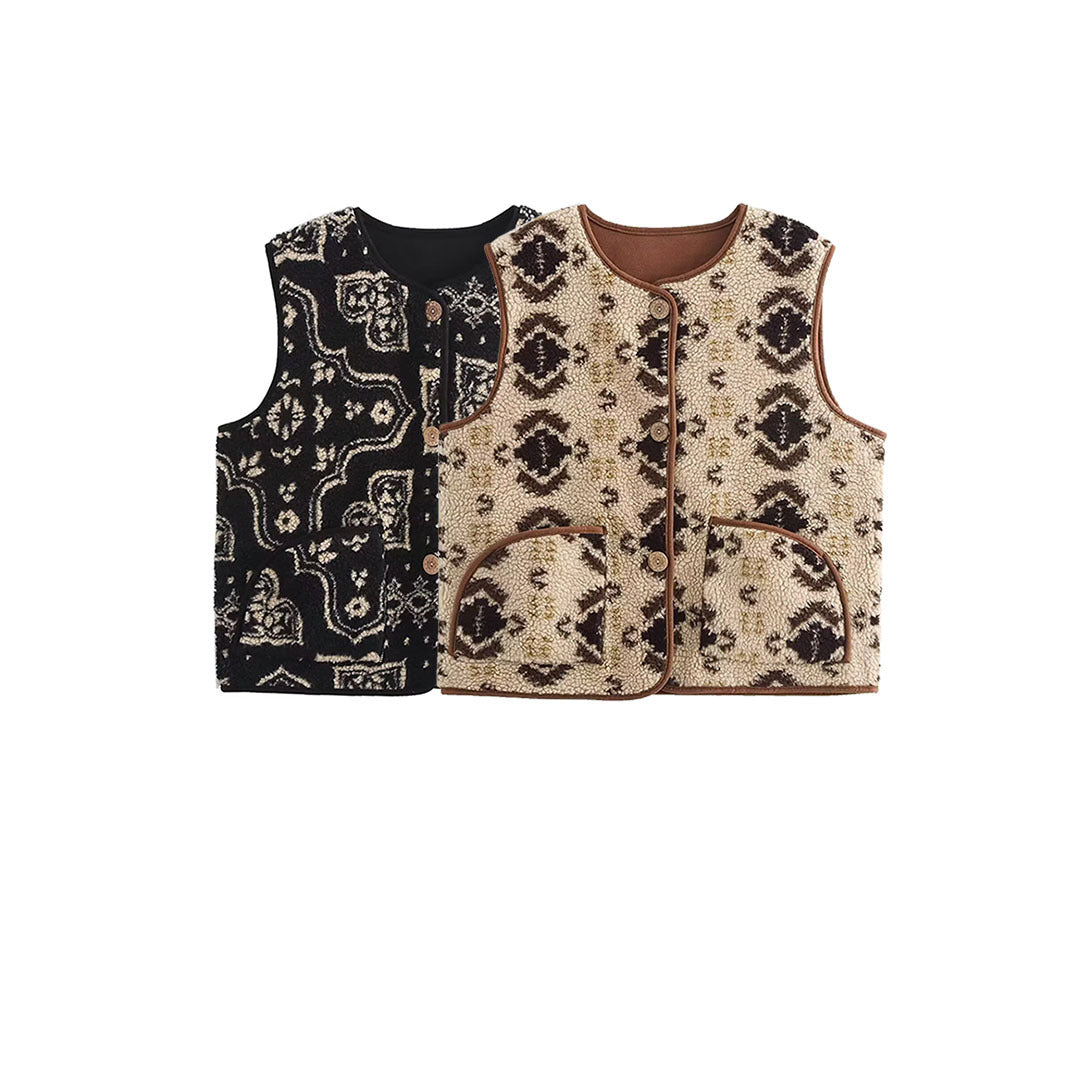 Damen Gemusterte Teddyweste im Bouclé‑Look mit aufgesetzten Taschen Echoarchiv