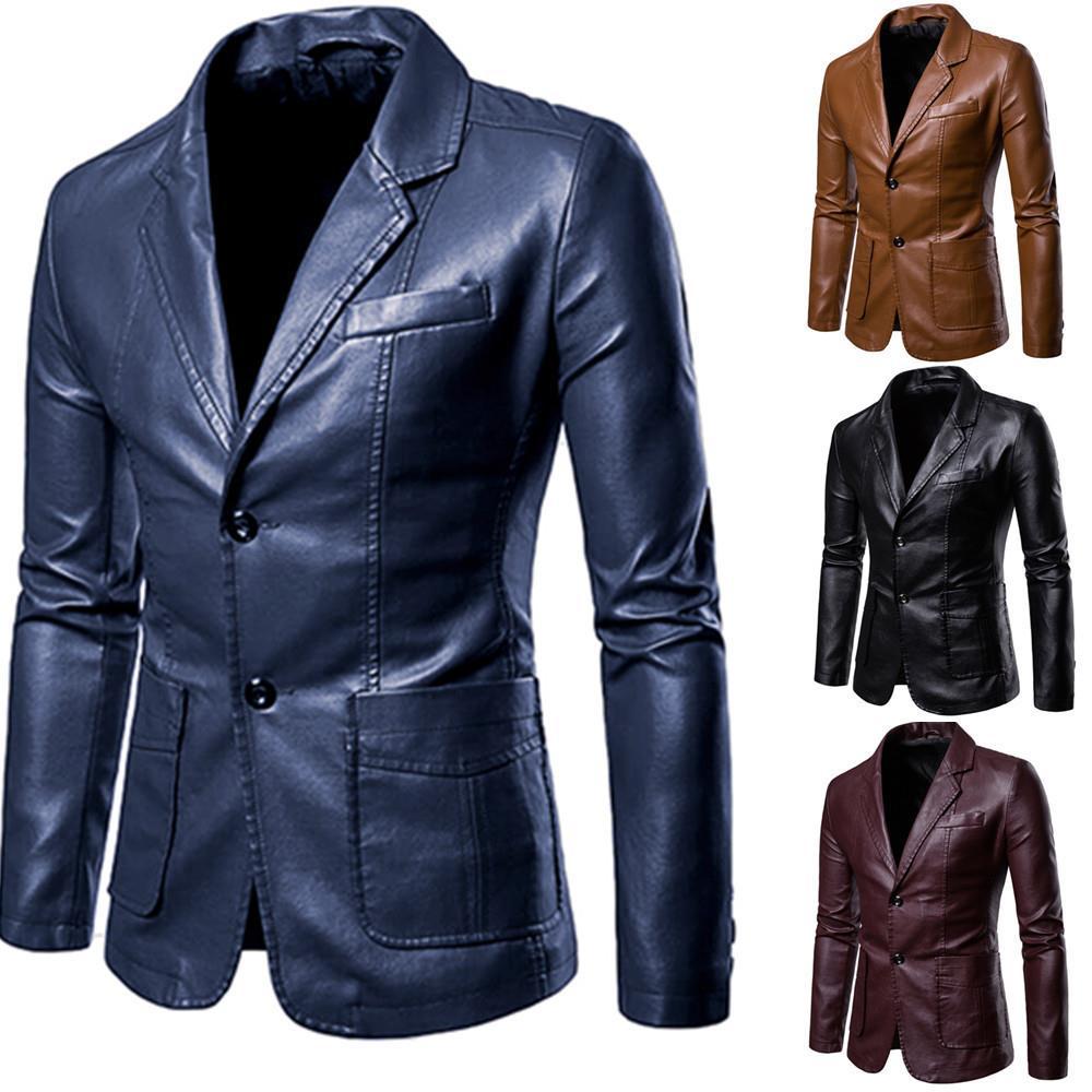 Herren nan schlanker Lederblazer mit Reverskragen und aufgesetzten Taschen Echo Archiv