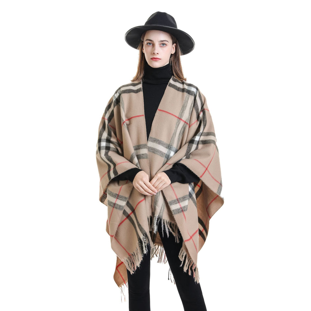 Damen Weit geschnittener Karierter Poncho mit Fransen und V‑Ausschnitt – Avérine