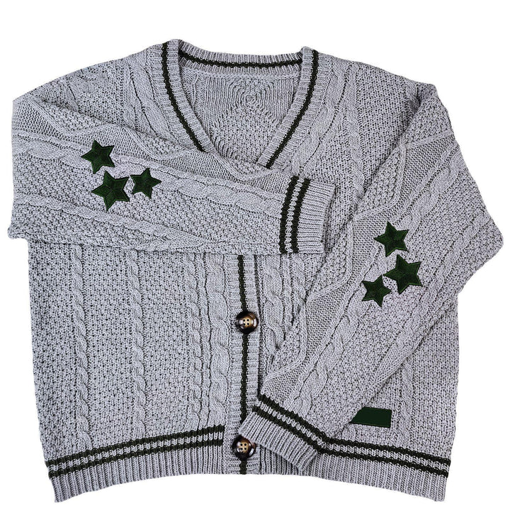 Damen nan oversized Zopfmuster-Cardigan mit V-Ausschnitt, Knopfleiste und Sternapplikationen Echo Archiv