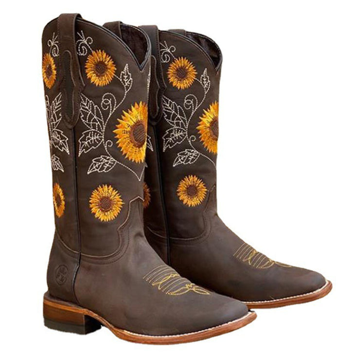 Damen Western-Stiefel mit Sonnenblumen-Stickerei und mittelhohem Blockabsatz – Lioré