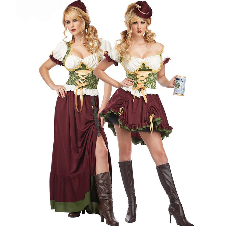 Damen nan geschnürtes Mittelalterkleid mit Corsagenmieder, Puffärmeln und hohem Rockschlitz Echo Archiv