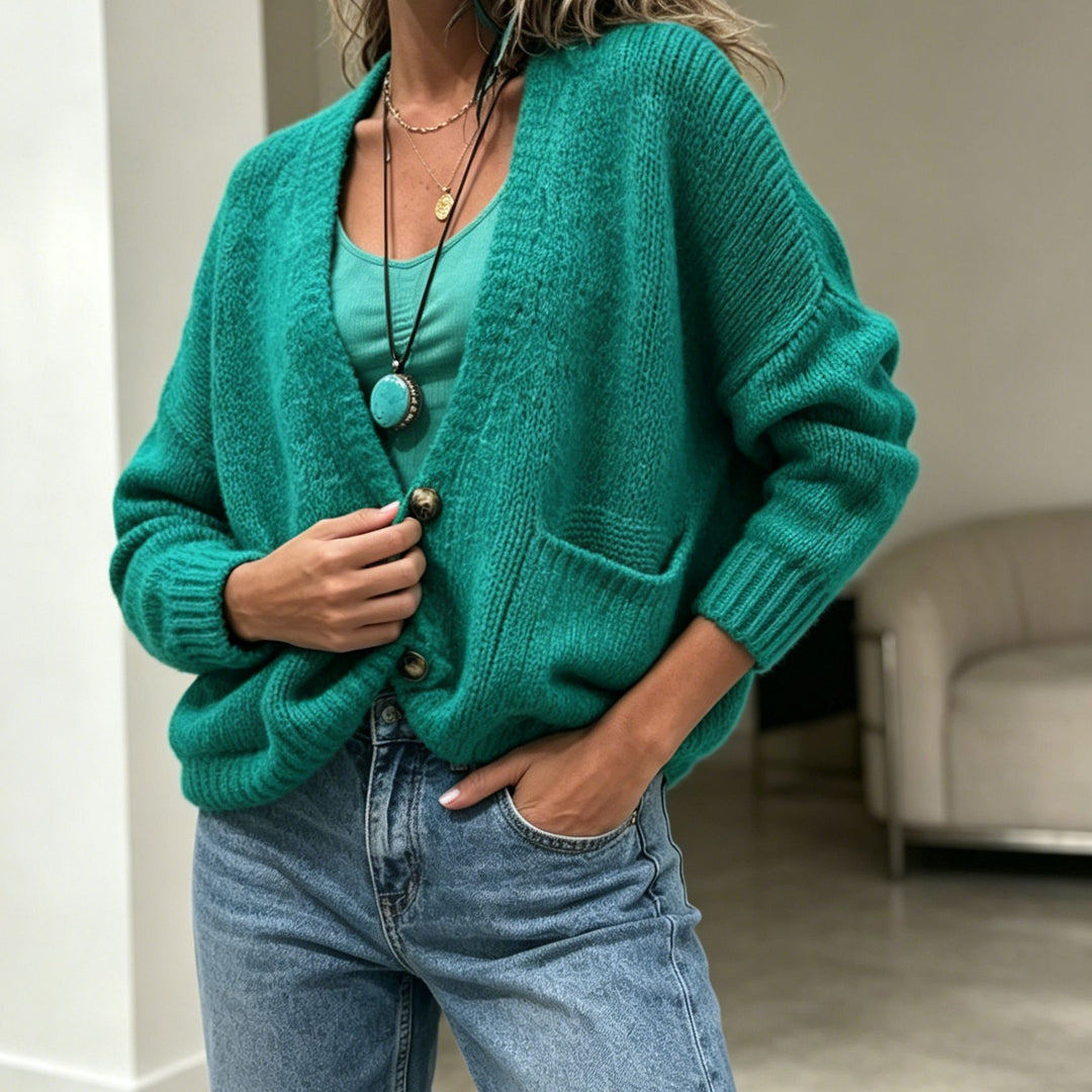 Damen Grobgestrickter Oversize-Cardigan mit Knopfleiste und Eingrifftaschen – Veloura