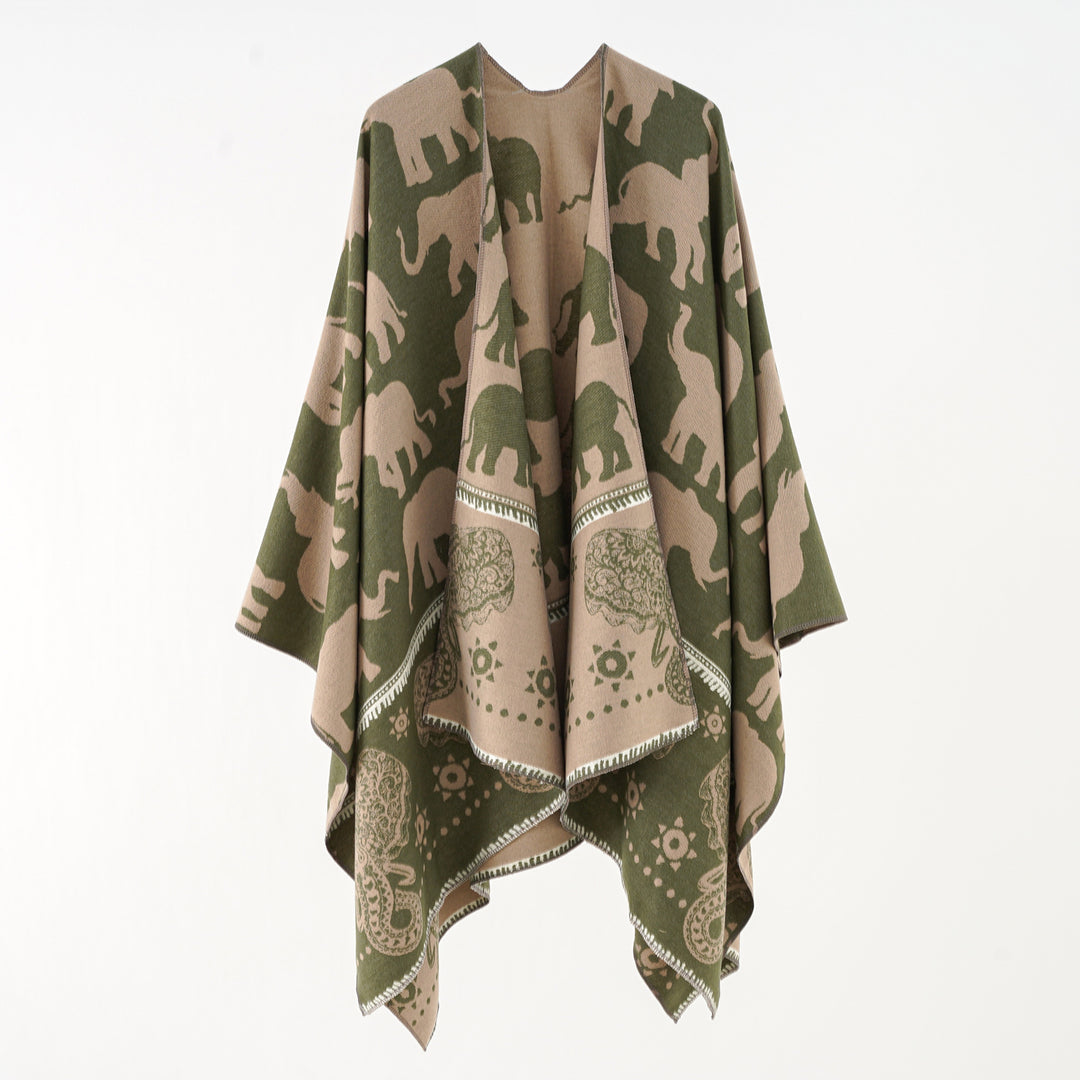 Damen Jacquard‑Ruana mit Elefantenmotiv und ornamentaler Bordüre – Avelisse