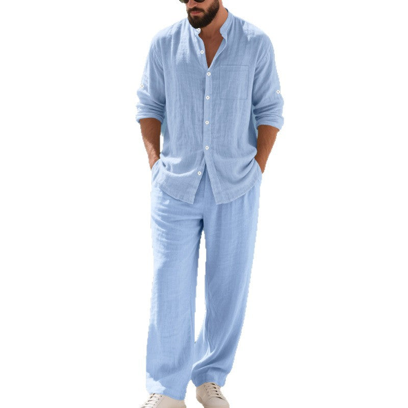 Herren lässiges Leinen-Outfit mit kurzem Oberteil und bequemen Hosen Echoarchiv