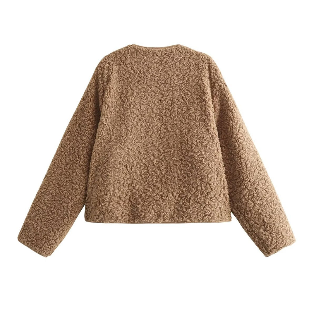 Damen kurzes Teddy-Fleece-Blouson mit Rundhals, durchgehendem Reißverschluss und nahtfeinen Eingrifftaschen – Célinea