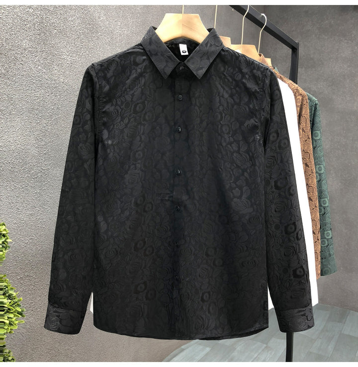 Herren Langärmeliges Jacquard-Hemd mit feinem Blumenrelief und Kentkragen – Arvello