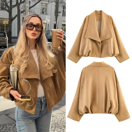 Damen Kurz geschnittene Oversize-Suedejacke mit weitem Wasserfallkragen Echo Archiv