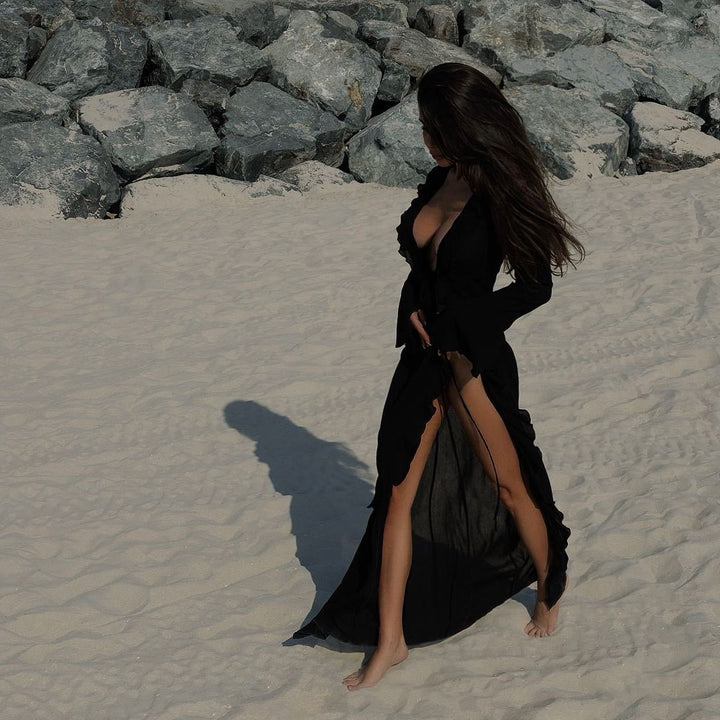 Damen elegantes Strandkleid mit Rüschen und tiefem Schlitz Echo Archiv