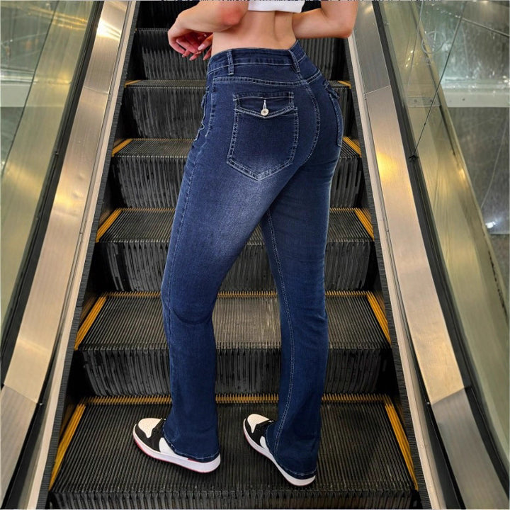 Damen Hochtaillierte Stretch-Jeans mit leichtem Flare und dekorativen Taschen Echo Archiv
